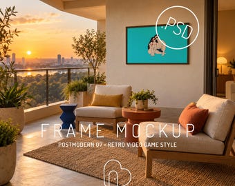 Horizontal Frame Mockup PSD, 3:2 Wall Art Display for a Postmodern Balcony Living Room (Digital Download)