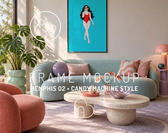 Memphis Wohnzimmer-Rahmen-Mockup PSD, verspieltes farbenfrohes Interieur, Wandbild-Display (Digitaler Download)