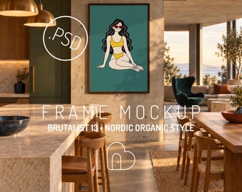 Ingelijste kunstmockup PSD, portretposter in brutalistische Scandinavische organische keuken en eetkamer (digitale download)