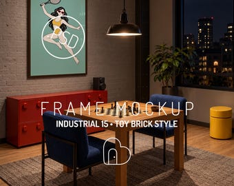 Mockup van een speelkamerframe in PSD-formaat, industrieel biljartinterieur, speelgoedblokstijl, verticaal 2:3 Smart Object – INDUSTRIAL 15 (digitale download)