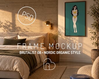 Ingelijste kunstmockup PSD, portretposter in brutalistische Scandinavische organische slaapkamer (digitale download)
