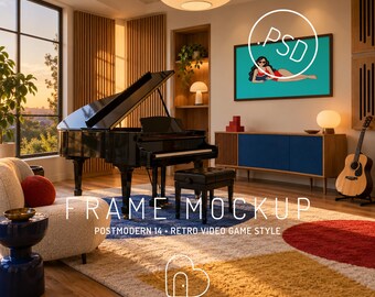 Music Room Frame Mockup, Postmodern Interior with Piano, Landscape Art Display, Editable PSD (Digital Download)