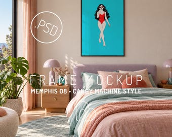 Memphis Schlafzimmer-Rahmen-Mockup PSD, farbenfrohe Nachttisch-Inneneinrichtung, Wandbild-Display (Digitaler Download)