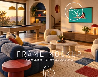 Postmodern Game Room Frame Mockup, Pool Table Wall Art Display, Editable PSD (Digital Download)