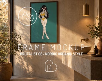 Ingelijste kunstmockup PSD, portretposter in brutalistische Scandinavische organische badkamer (digitale download)