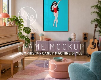 Memphis Musikzimmer-Rahmen-Mockup PSD, Vinyl-Plattenspieler und Gitarren-Interieur (Digitaler Download)