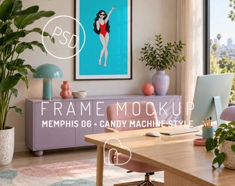 Memphis bureau-mockup PSD, kleurrijk thuiskantoor met palmboom (digitale download)