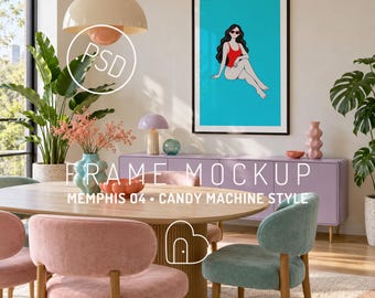 Memphis Esszimmer-Rahmenmodell, rosa Stühle, moderner Tisch (PSD-Digitaldownload)
