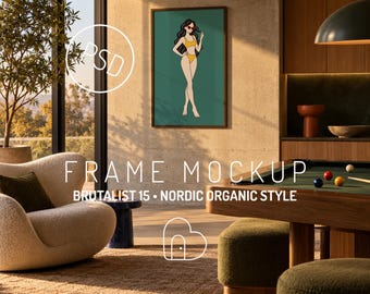 Ingelijste kunstmockup PSD, portretposter in brutalistische Scandinavische organische speelkamer (digitale download)