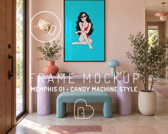Memphis Flurrahmen-Mockup PSD, farbenfrohe Eingangskonsole, modernes Wandbild-Display (Digitaler Download)
