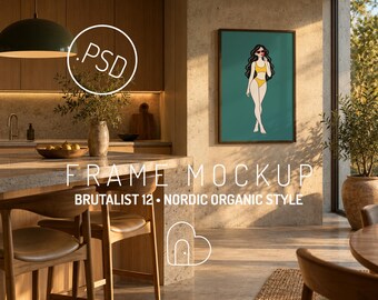 Ingelijste kunstmockup PSD, portretposter in brutalistische Scandinavische organische keuken (digitale download)