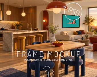 Postmodern Open Plan Living Room Mockup, Retro Gaming Wall Art Display, Editable PSD (Digital Download)