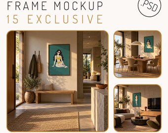 Bundel met 15 PSD-frame mockups, brutalistische Scandinavische organische interieurscènes (digitale download)