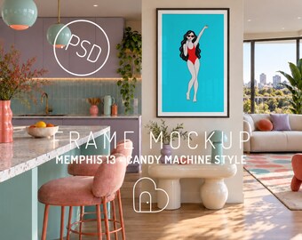 Memphis Open Plan Kitchen Frame Mockup PSD, Colorful Island and Dining Area (Digital Download)