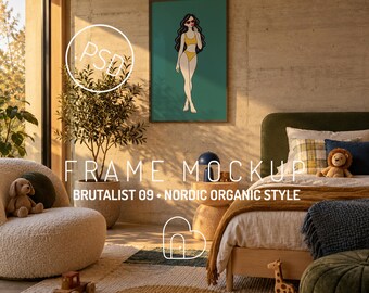 Ingelijste kunstmockup PSD, portretposter in brutalistische Scandinavische organische kinderkamer (digitale download)