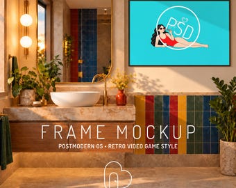 Badkamerframe mockup PSD, horizontale 3:2 kunstpresentatie in een postmoderne badkamer (digitale download)