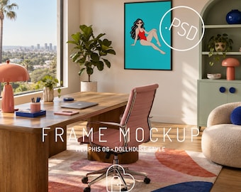 Makieta biurka w stylu Memphis w formacie PSD, kolorowe biuro domowe z widokiem na palmy i różowym krzesłem (pobranie cyfrowe)