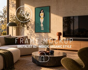 Ingelijste kunstmockup PSD, portretposter in brutalistische Scandinavische organische woonkamer (digitale download)