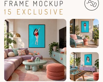 Memphis Frame Mockup Bundle PSD, 15 farbenfrohe Interieur-Szenen im Stil von Süßwarenautomaten, Tageslicht (Digitaler Download)