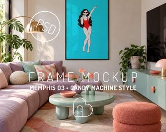 Memphis TV-Raum-Rahmen-Mockup, Wohnzimmer mit rosa Sofa (PSD-Digital-Download)