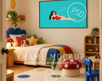 Horizontal Frame Mockup PSD, 3:2 Wall Art Display in a Postmodern Kids Bedroom (Digital Download)