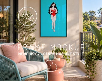 Memphis Balkonrahmen-Mockup PSD, Bunte Outdoor-Lounge, Katzen-Wandkunst-Display (Digitaler Download)
