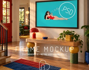 Makieta ramki poziomej 3:2 w formacie PSD, postmodernistyczny styl retro gier wideo, prezentacja sztuki cyfrowej (pobieranie cyfrowe)
