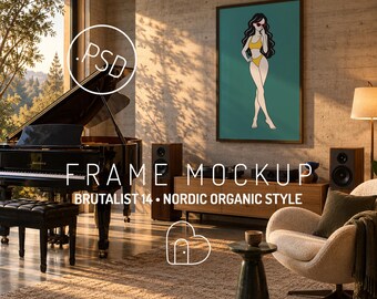 Ingelijste kunstmockup PSD, portretposter in brutalistische Scandinavische organische muziekkamer (digitale download)