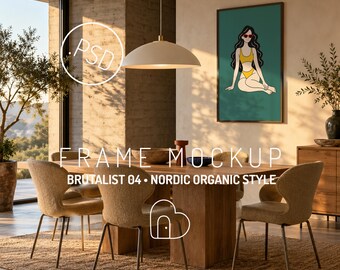 Ingelijste kunstmockup PSD, portretposter in brutalistische Scandinavische organische eetkamer (digitale download)