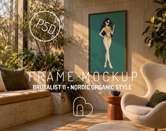 Ingelijste kunstmockup PSD, portretposter in brutalistische Scandinavische organische serre (digitale download)