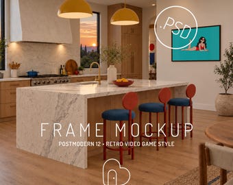 Titre Etsy : Maquette de cadre de cuisine postmoderne, décoration murale rétro gaming, PSD modifiable (téléchargement numérique)