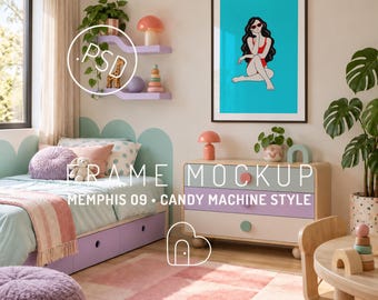 Memphis Kinderzimmer-Rahmen-Mockup PSD, Verspieltes rosa Mädchenzimmer mit Schreibtisch (Digitaler Download)