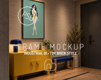 Mockup di cornice per ingresso in stile industriale, corridoio notturno in stile mattoni, file PSD modificabile (download digitale)