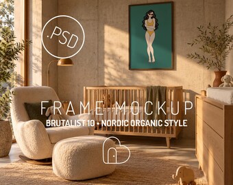 Ingelijste kunstmockup PSD, portretposter in brutalistische Scandinavische organische tuin (digitale download)