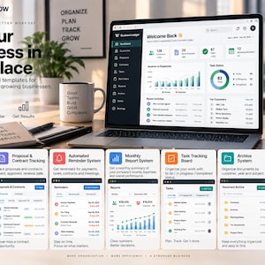 May include: A digital business management dashboard displayed on a laptop screen, featuring various modules for customer tracking, proposal management, automated reminders, monthly reports, task boards, document archives, and customer debt tracking.