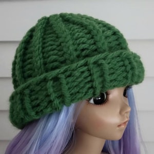 1/4 Scale Minifee Sized Hat - Green Ribbed Roll Brim Hat - Loom Knit 6-7 Inch Head Sized Doll Knit Beanie - Small BJD doll clothes