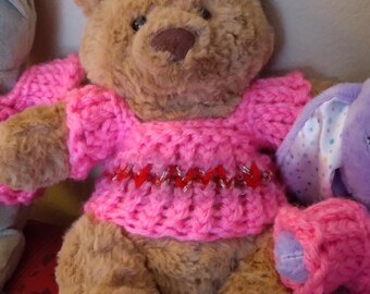Fits Most 4" - 5" Bears Frogs and Other Plush Animals - Extra Mini Teddy Bear Sweater - Pink and Red Loom Knit Sweater