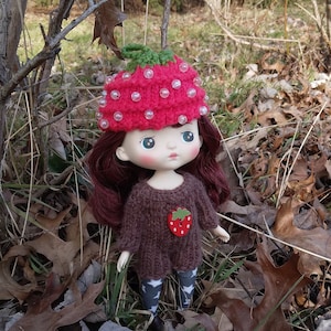 Cute Doll Sized Loom Knit Hat and Romper - Strawberry Themed Outfit - Fits Holala Monst and Similar Fashion Dolls