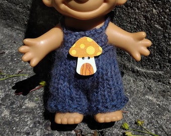 Designed to Fit 4" Vintage Troll Dolls - Knit Crochet Blue Halter Top Romper with Decorative Mushroom Button