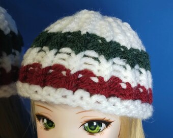 1/3 Scale SD Sized Hat - Festive Holiday White Red and Green Knit Beanie - Loom Knit Smart Sized Hat - Smart BJD doll clothes