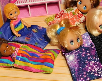 Tiny Handmade Doll Sleeping Bag - Petite Blythe Sized Sleep Sack - 1:6 Scale Toddler Kelly Shelly Doll Sized Pouch with Sewn In Pillow