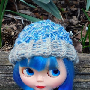 Può includere: Una bambola con i capelli blu che indossa un cappello di lana blu e bianco e una giacca blu e viola. La bambola indossa un vestito blu e ha grandi occhi blu.