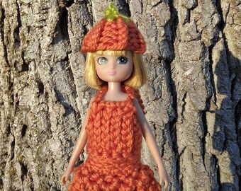 Adorable Woodlands Orange Knit Crochet Mix Dress And Pumpkin Hat  - Handmade Doll outfit - Fits 6" - 7" Dolls like Lottie Similar