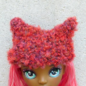 Fuzzy Rose Colored Cat Ears Hat Designed to Fit Rainbow and Shadow Dolls - Knit & Crochet Doll Clothes - Gift Idea Under 20 For Collectors