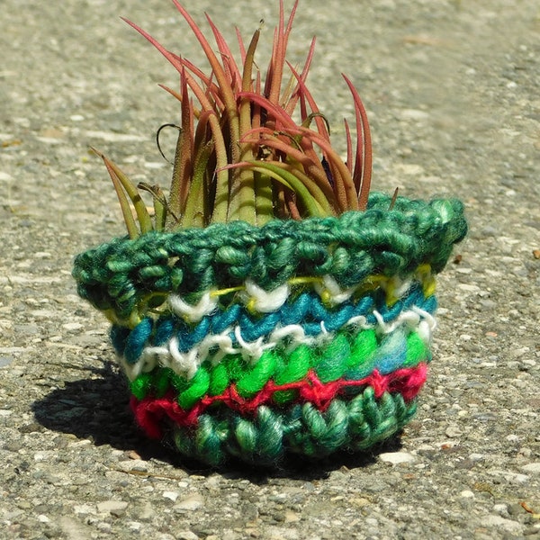 Knit Air Plant Container - Loom Knit Home Decor - Small Whimsical Decorative Open Bowl Plant Holder - Great Dorm and Small Space Decor