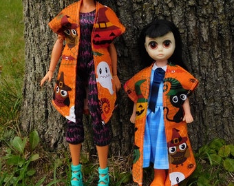Fashion Doll Sized Fun Orange Halloween Robe - Ghosts Owls Cats Pumpkins - One Size Fits Most 1:6 Scale Incl. Elves Decor & Vintage Dolls