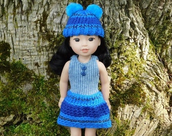 Multi Blue Stof Haak Hybride Jurk en Pom Pom Hoed - Leuke Outfit Past De Meeste 14 "Poppen Zoals Glitter Wellie Harten RRFF Ik ben A &Bright
