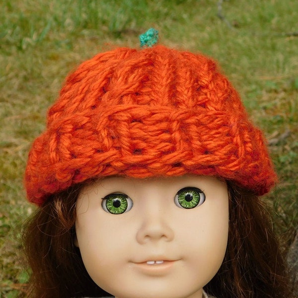 Fall Pumpkin Doll Hat - Fits Most 14"-18" Fashion Dolls Blythe and Pullip - Cute Halloween Thanksgiving Hat - Loom Knit with Crochet Stem