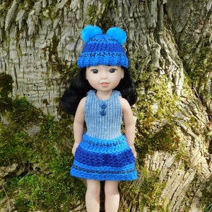 Multi Blue Fabric Crochet Hybrid Dress and Pom Pom Hat - Cute Outfit Fits Most 14&quot; Dolls Like Glitter Wellie Hearts RRFF I&#39;m A & Bright