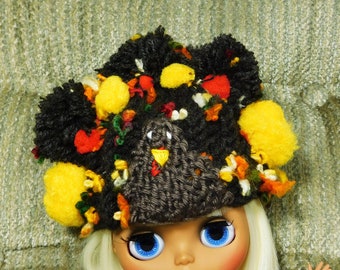 Beanie for Blythe -  Grand Thanksgiving Turkey Hat - Loom knitted rib brim hat - Festive Holiday Hat with Pom Poms